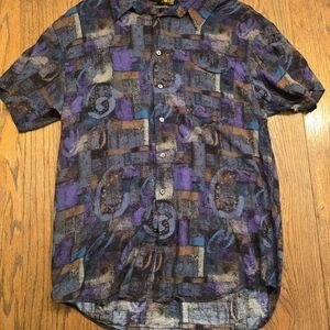 Vintage 1980s Stefano Man Abstract Rayon Shirt XL Geometric Purple Teal Button